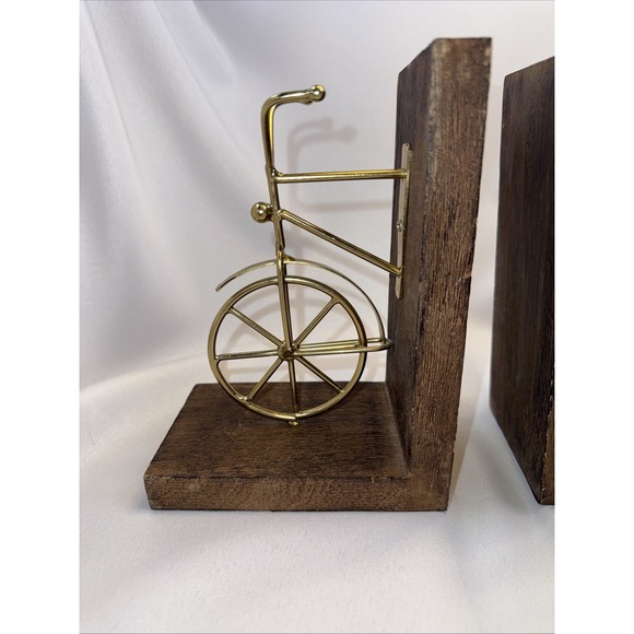 Vintage Bicycle Book Ends Wood Gold Metal Pair Bookends Felt Bottom - Picture 2 of 6